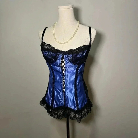 Vintage cobolt blue satin lace corset 34C - Picture 6 of 9